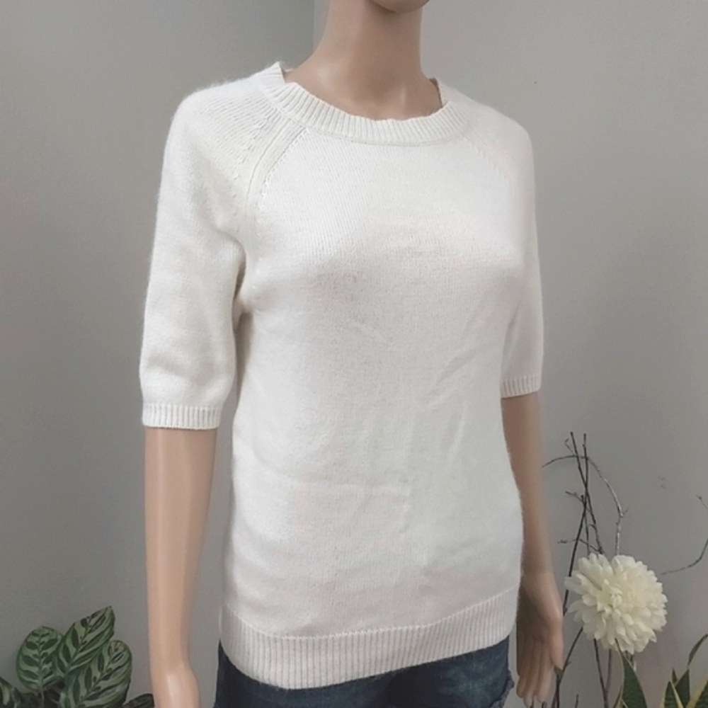 Caposhie wool blend cream women's half sleeves crew sweater top